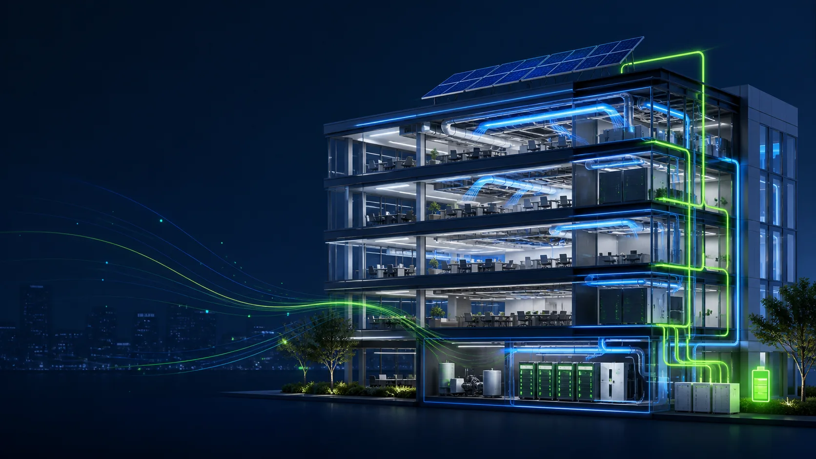 A building cutaway showing coordinated HVAC, lighting, solar and storage energy systems.