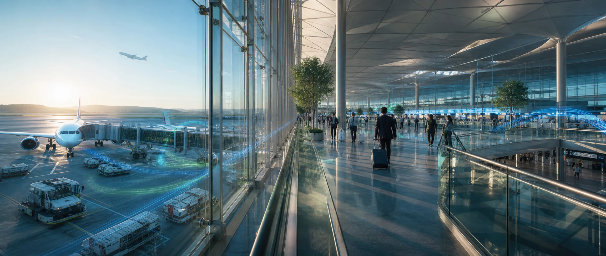 A connected airport terminal and airside operation represented through operational energy flows.