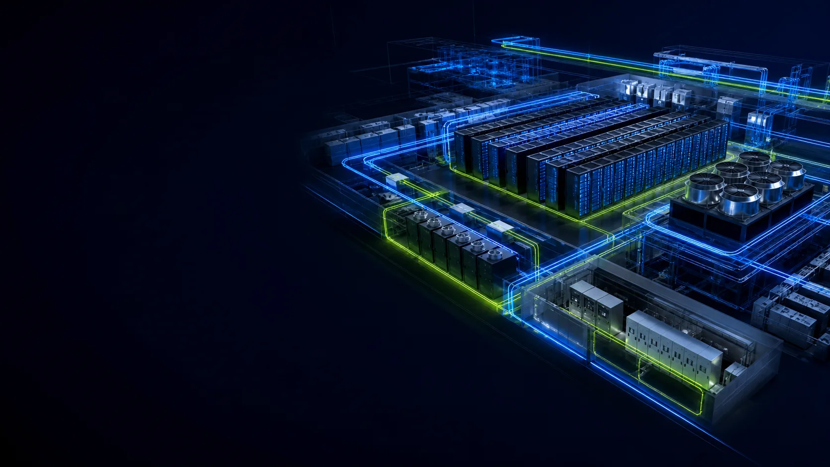 A data centre with server halls, cooling and resilient power connected into a Digital Twin.