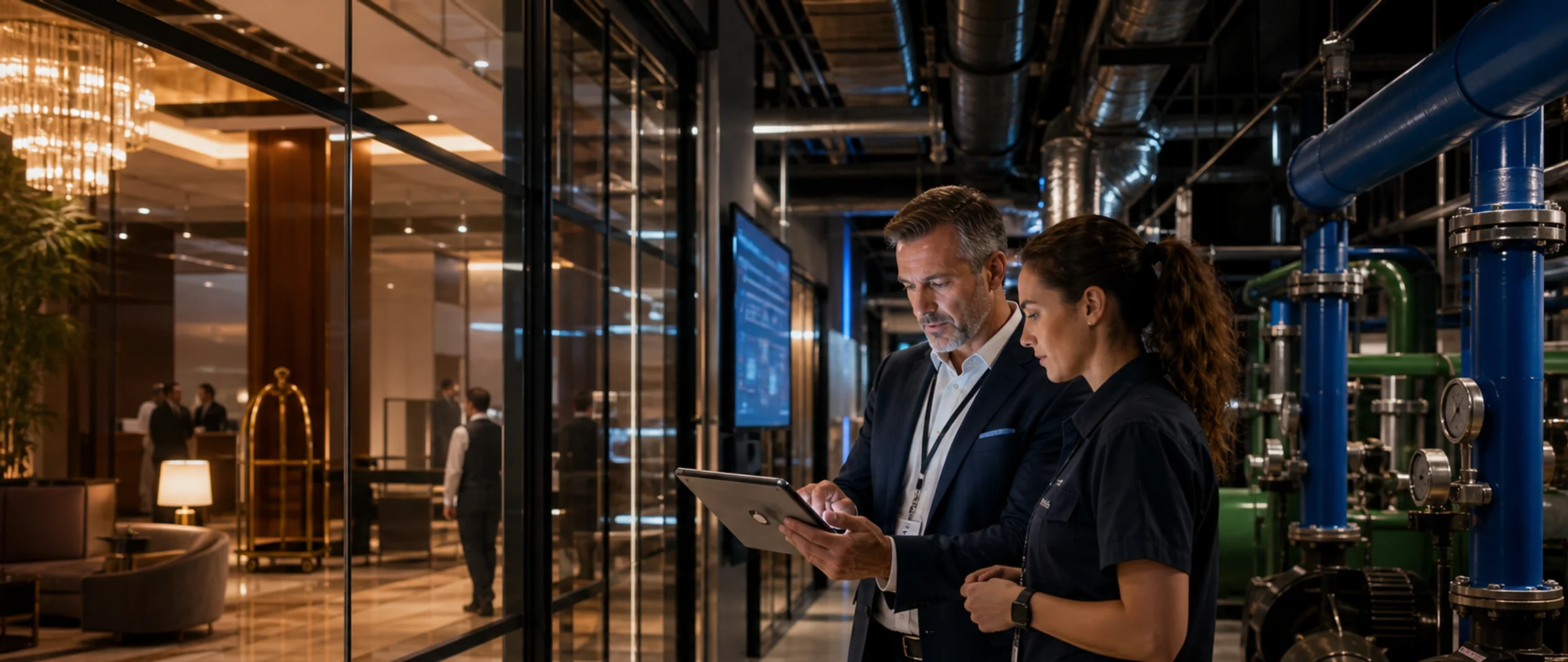 A luxury hotel connected to its operational energy Digital Twin at dusk.