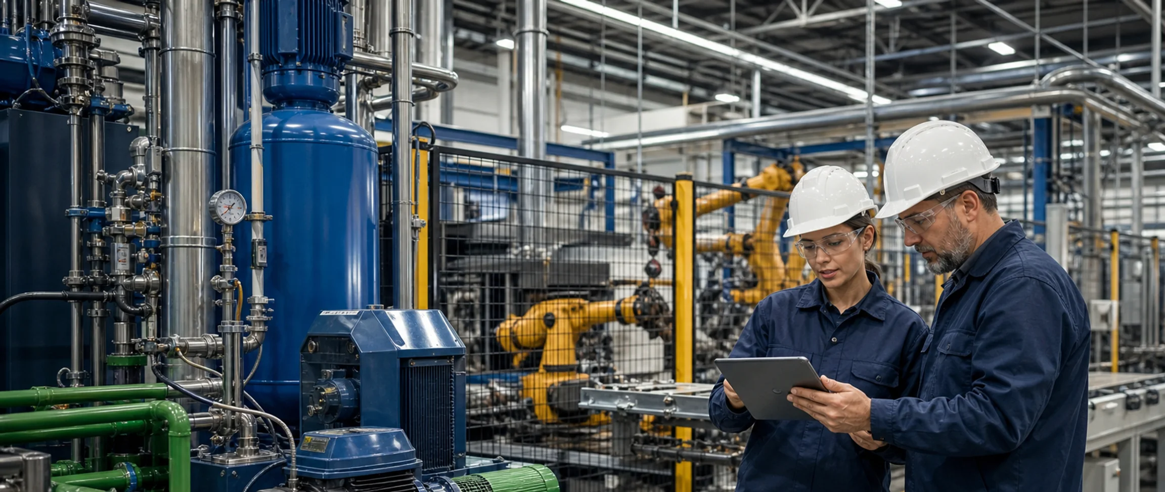 A modern manufacturing facility with production and utility systems connected to a Digital Twin.