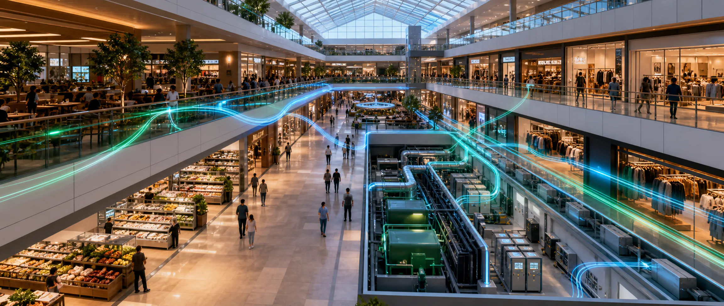 A multi-level retail mall with tenant spaces and central energy systems visibly connected.