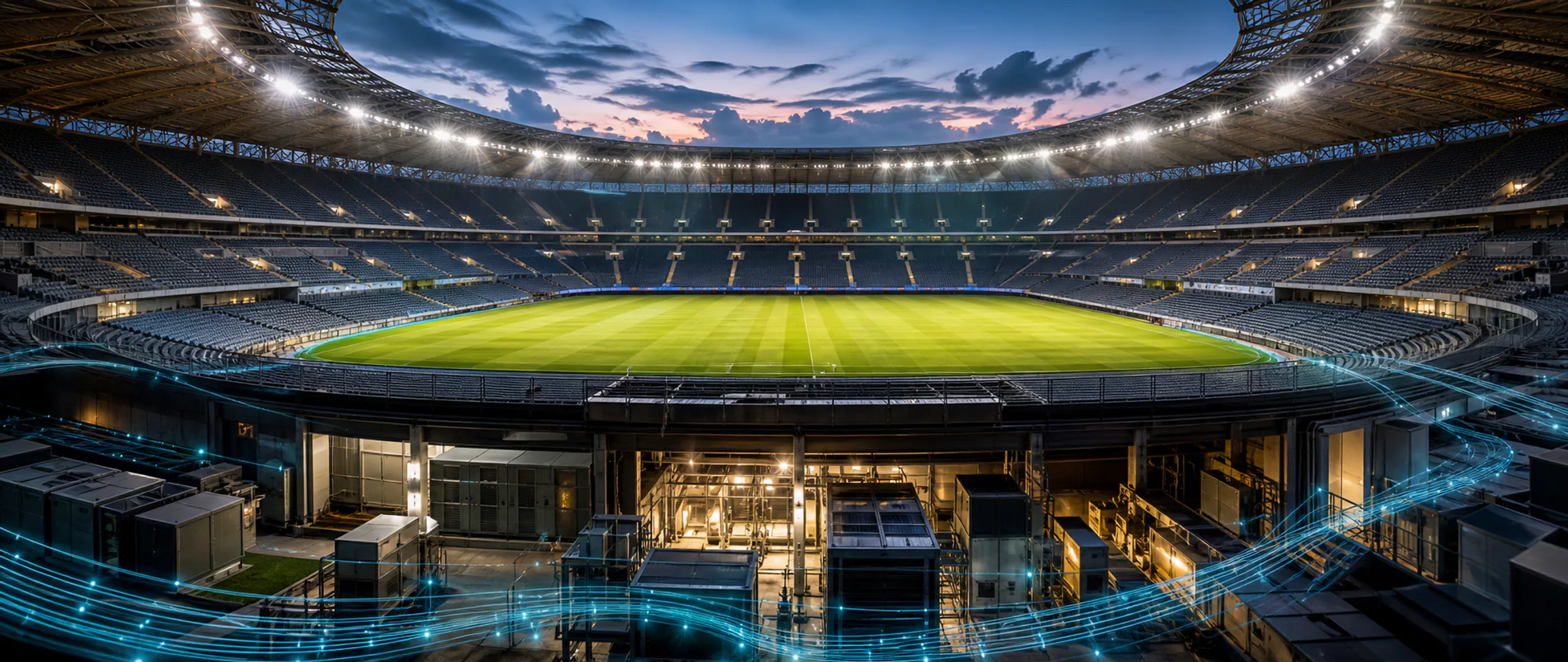 A stadium at twilight with floodlighting and venue energy systems visibly connected.