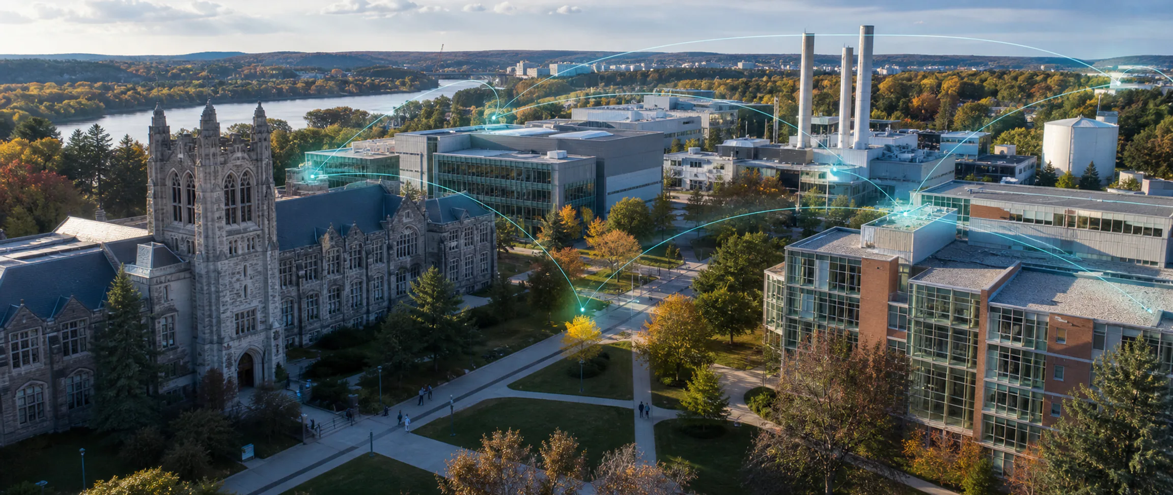 A university campus connecting historic teaching buildings, modern laboratories and residences.