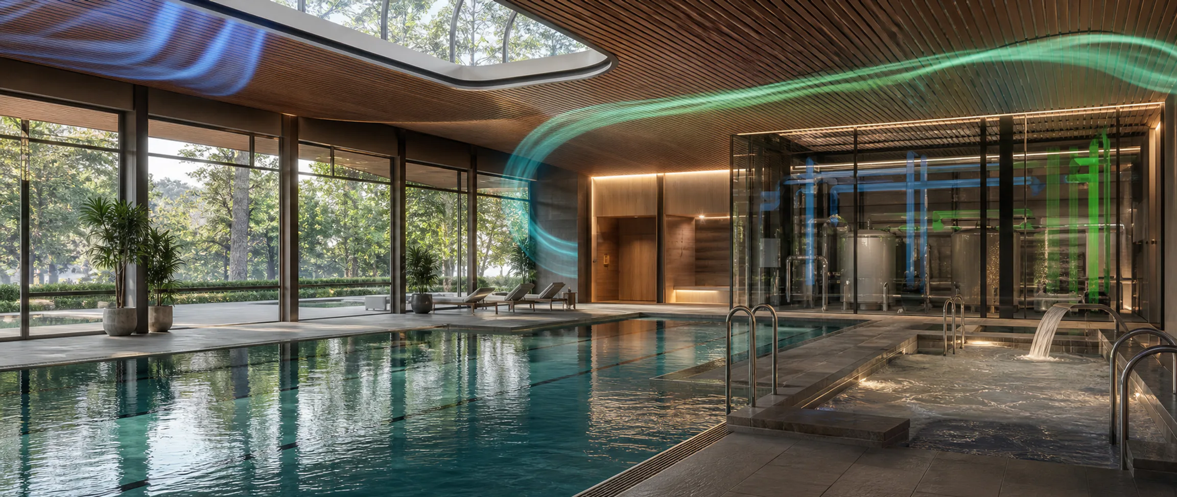 An aquatic wellness centre with pool, spa and thermal systems connected by energy flows.