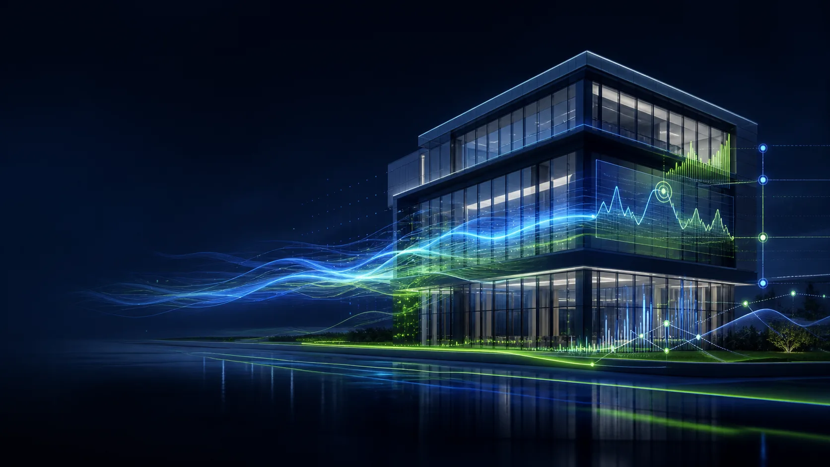 A commercial building surrounded by governed energy analytics, baselines and evidence flows.