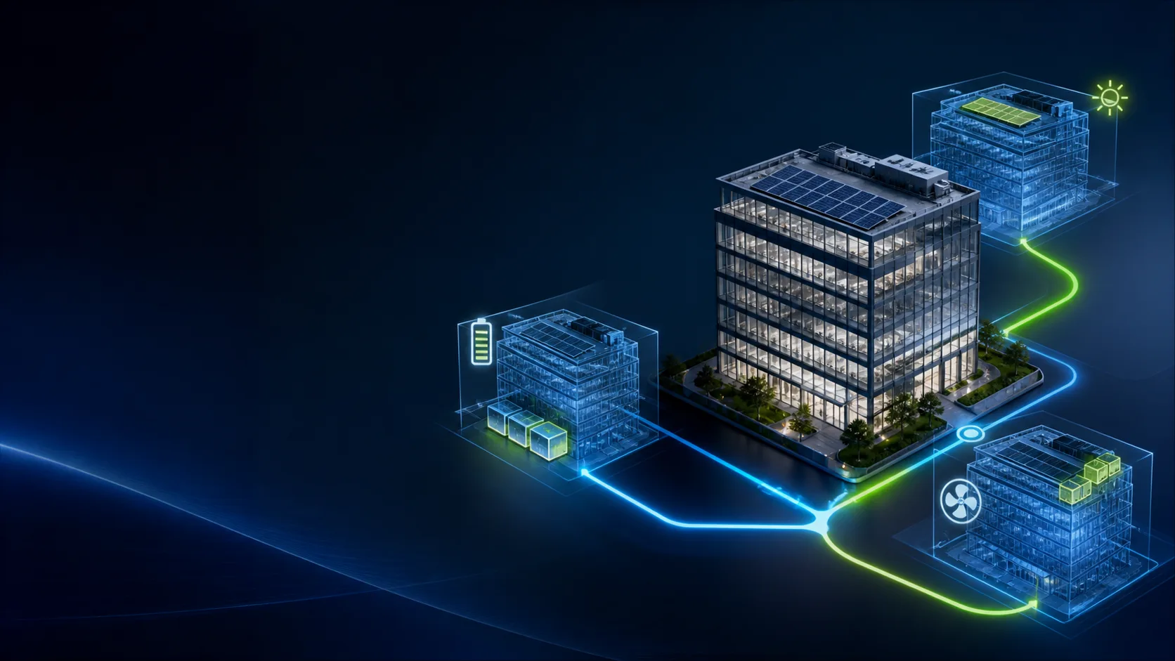 A building Digital Twin branching into multiple energy and operational scenarios for comparison.