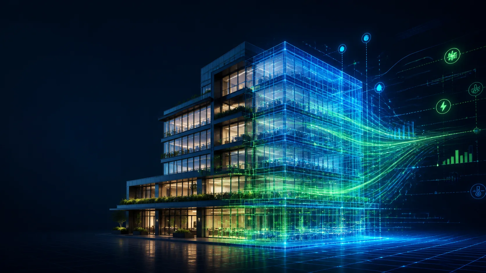 Operational Digital Twin connecting a physical building with analytical evidence.